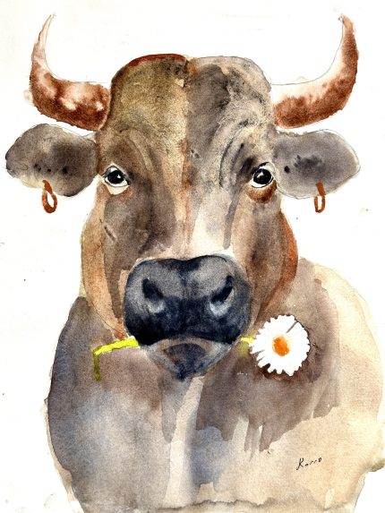 PINTURA ACUARELA  VACA CON UNA FLOR